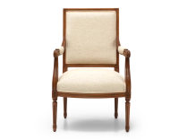Fauteuil ancien style Louis XVI bois teinte ancienne et tissu chiné beige Fauteuil ancien style Louis XVI bois teinte ancienne et tissu chiné beige