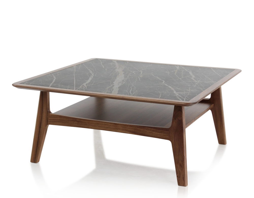 Table basse carré en noyer et céramique bois teinte naturelle plateau céramique effet marbre noir 100x100 cm Table basse carré en noyer et céramique bois teinte naturelle plateau céramique effet marbre noir 100x100 cm