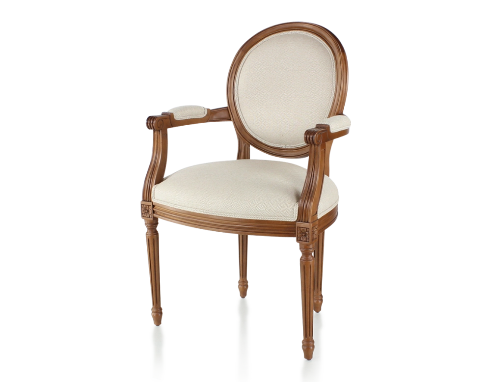 Chaise ancienne style Louis XVI avec accoudoirs bois teinte ancienne et tissu chevron beige Chaise ancienne style Louis XVI avec accoudoirs bois teinte ancienne et tissu chevron beige