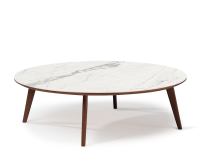 Round coffee table F1 in oak and ceramic dark brown stained wood with a white marble-effect ceramic top m1. 100x100x40 cm