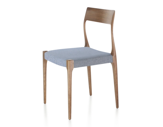 Scandinavian chair walnut-stained wood, blue chevron fabric seat