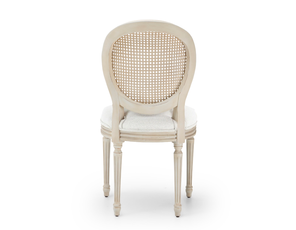 Louis XVI style antique chair wood with white cerused finish, caned backrest, natural beige fabric seat. Louis XVI style antique chair wood with white cerused finish, caned backrest, natural beige fabric seat.