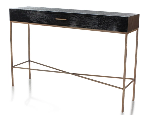 Console design Black lacquered ash and brass patina metal 100 cm