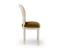 Chaise ancienne style Louis XVI bois teinte blanche cérusée dossier canné assise tissu velours vert olive Chaise ancienne style Louis XVI bois teinte blanche cérusée dossier canné assise tissu velours vert olive