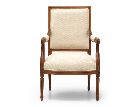 Fauteuil ancien style Louis XVI bois teinte ancienne et tissu chiné beige