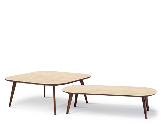 Duo de tables basses F2 et F6 plateau céramique bois teinte marron foncé plateau céramique effet pierre travertin