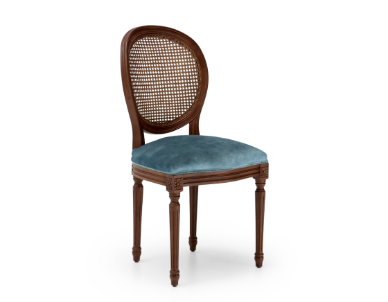 Louis XVI style antique chair dark brown stained wood with cane backrest and petrol blue velvet seat.