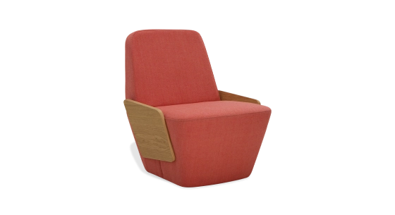 Designer armchair without armrests oak natural finish with pink fabric seat
