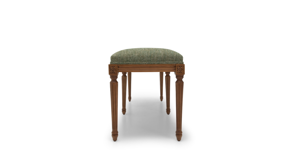 Banquette ancienne style Louis XVI bois teinte ancienne et tissu chiné vert Banquette ancienne style Louis XVI bois teinte ancienne et tissu chiné vert