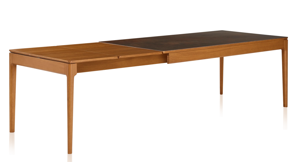 Table extensible 6 à 10 personnes en chêne et céramique allonges bois avec bois teinte merisier et plateau céramique brun oxydé 140x90 cm Table extensible 6 à 10 personnes en chêne et céramique allonges bois avec bois teinte merisier et plateau céramique brun oxydé 140x90 cm