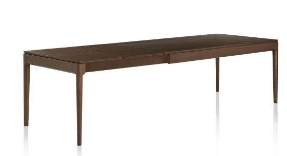 Extendable oak table for 6 to 12 people with dark brown stained wood top and extensions 140x100 cm
