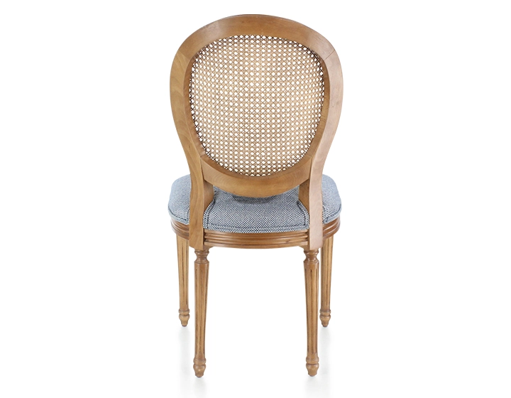 Antique Louis XVI style chair wood stained old caned back blue chevron fabric seat Antique Louis XVI style chair wood stained old caned back blue chevron fabric seat