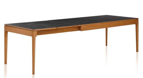 Table extensible 8 à 14 personnes en chêne et céramique allonges céramique avec bois teinte merisier et plateau et allonges céramique effet ardoise 210x100 cm