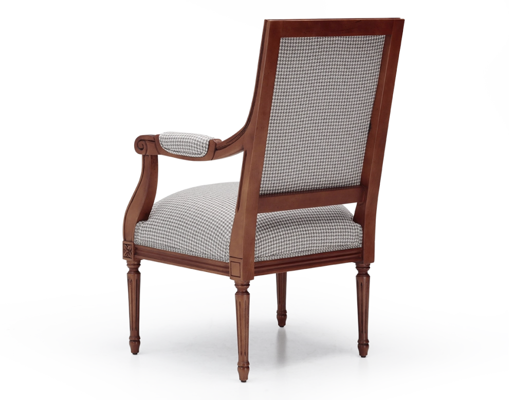 Louis XVI style antique armchair wood antique stain and brown fabric Louis XVI style antique armchair wood antique stain and brown fabric