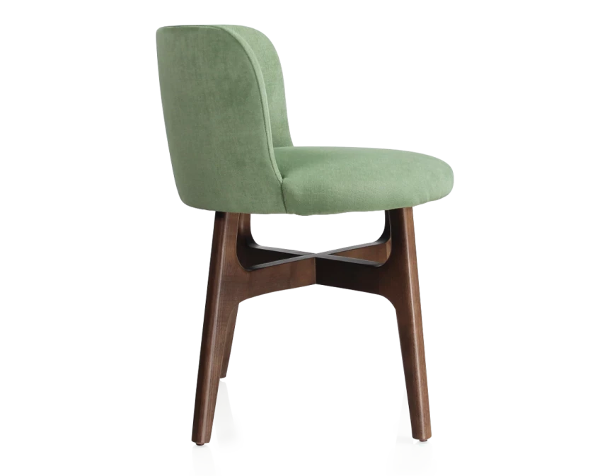 Chaise design bois teinte marron foncé assise tissu vert