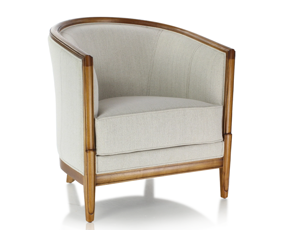 Fauteuil ancien accoudoirs moulurés bois teinte ancienne et tissu beige naturel