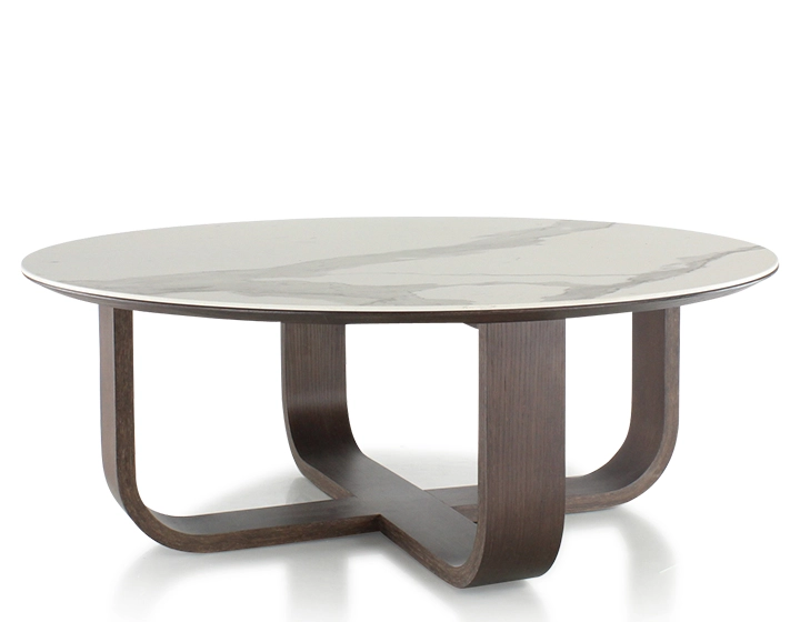 Table basse ronde en chêne et céramique avec bois teinte marron foncé plateau céramique effet marbre blanc 100 cm Table basse ronde en chêne et céramique avec bois teinte marron foncé plateau céramique effet marbre blanc 100 cm