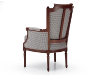 Fauteuil bergère style Louis XVI bois teinte ancienne et tissu pied de poule blanc et taupe Fauteuil bergère style Louis XVI bois teinte ancienne et tissu pied de poule blanc et taupe