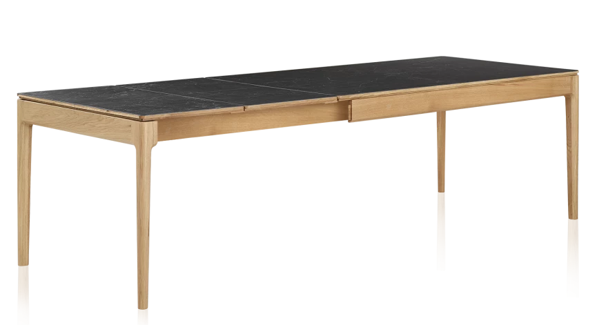 Table extensible en chêne et céramique allonges céramique avec bois teinte naturelle et plateau et allonges céramique effet ardoise 140x100 cm