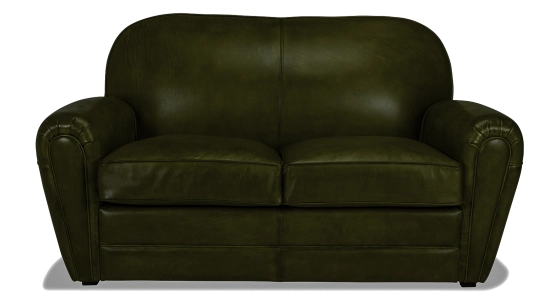 2 seater leather club sofa olive green piped armrests