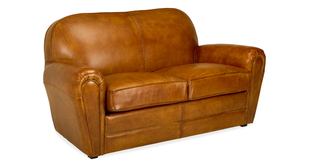 Canapé club cuir 2 places cognac accoudoirs passepoil Canapé club cuir 2 places cognac accoudoirs passepoil