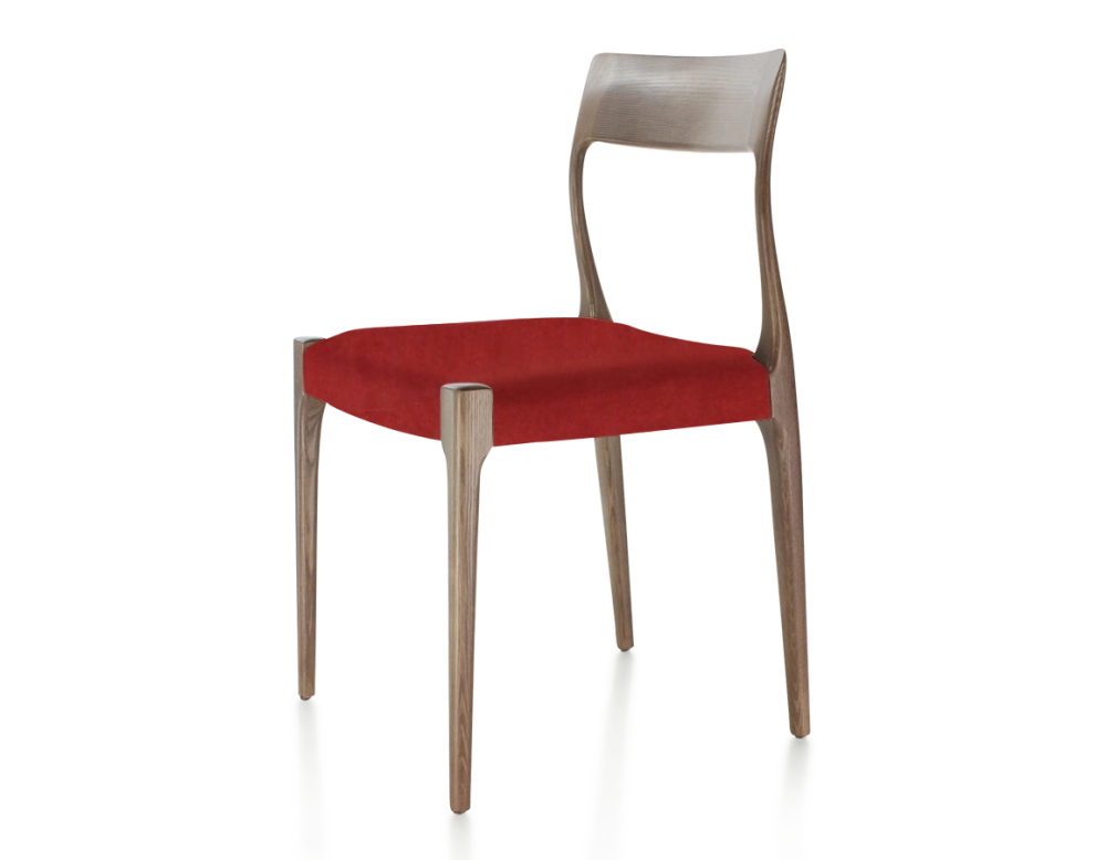 Scandinavian chair dark brown stained wood burgundy fabric seat