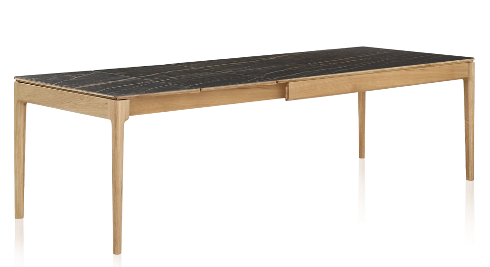 Table extensible 8 à 14 personnes en chêne et céramique allonges céramique avec bois teinte naturelle et plateau et allonges céramique effet marbre noir 210x100 cm Table extensible 8 à 14 personnes en chêne et céramique allonges céramique avec bois teinte naturelle et plateau et allonges céramique effet marbre noir 210x100 cm