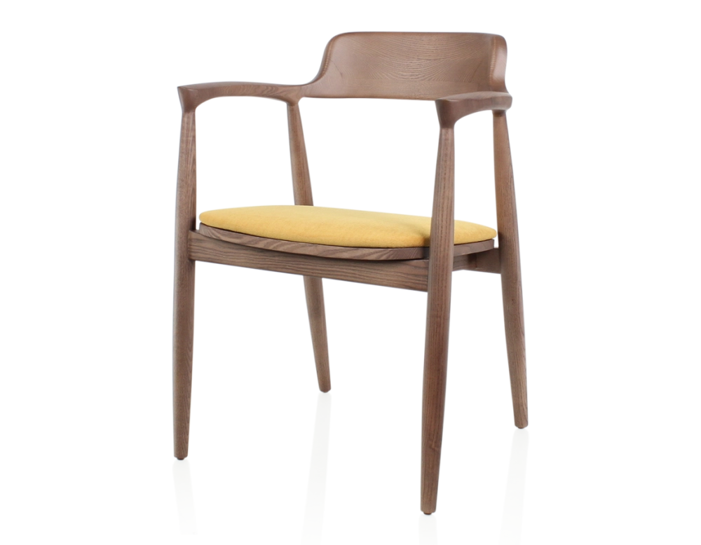 Chaise scandinave bois teinte noyer et tissu jaune Chaise scandinave bois teinte noyer et tissu jaune