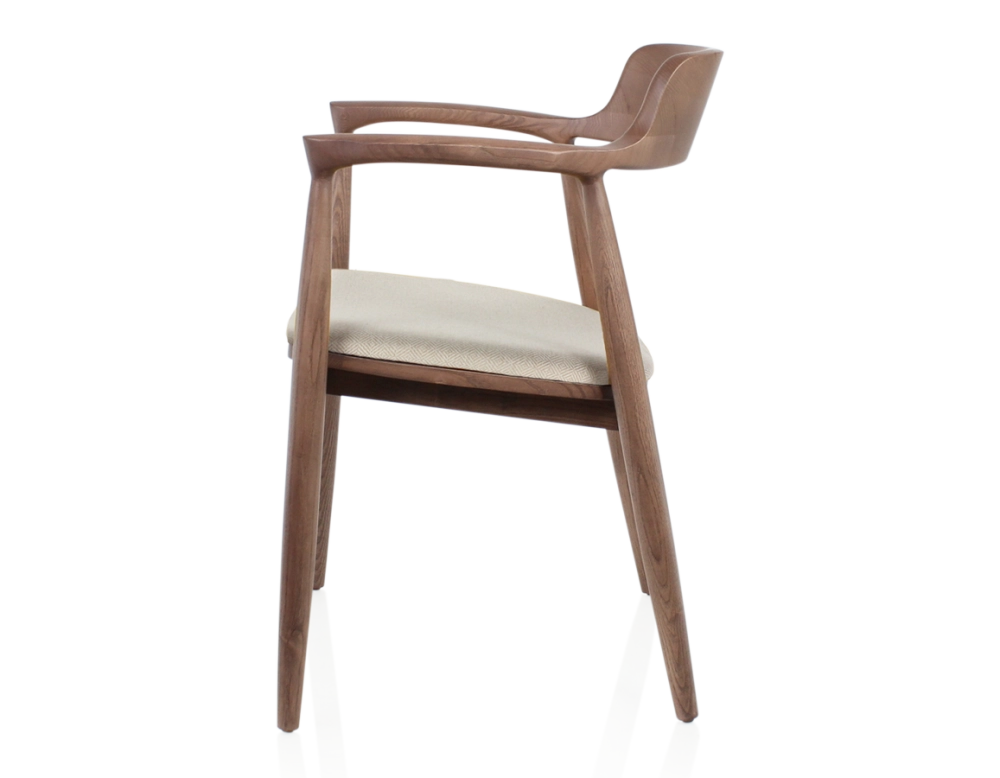 Chaise scandinave bois teinte noyer assise tissu chevron beige Chaise scandinave bois teinte noyer assise tissu chevron beige