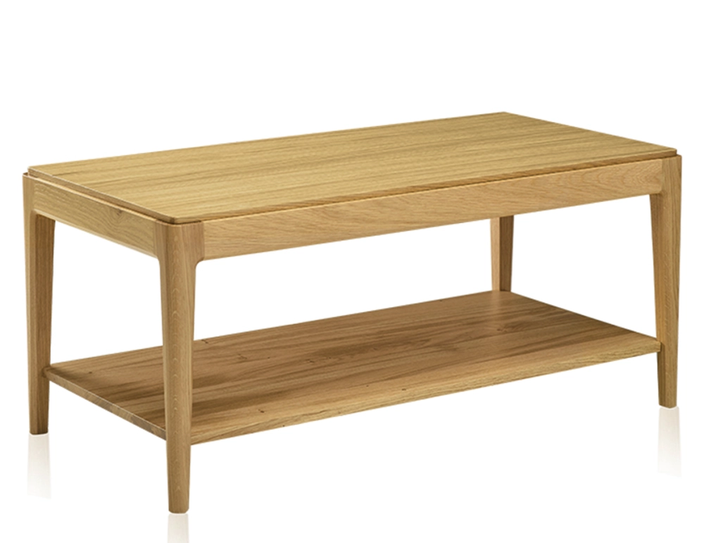Table basse rectangulaire en chêne avec tablette teinte naturelle doré 100x50 cm