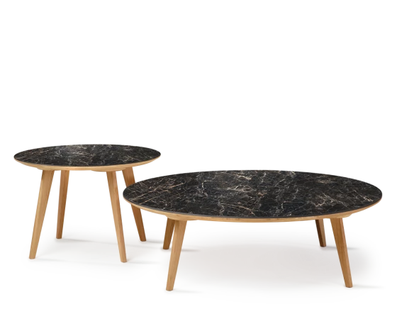 Duo de tables basses rondes F1 plateau céramique bois teinte naturelle plateau céramique effet marbre noir M2