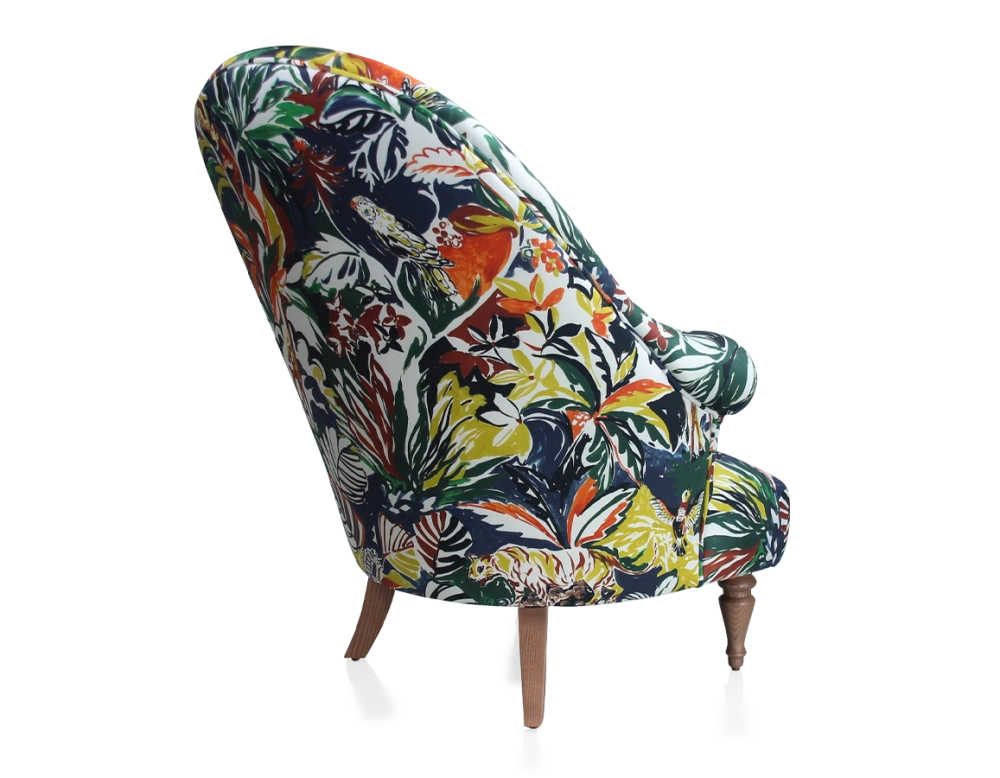 Toad armchair with armrests walnut-stained wooden legs and high-backed jungle fabric Toad armchair with armrests walnut-stained wooden legs and high-backed jungle fabric