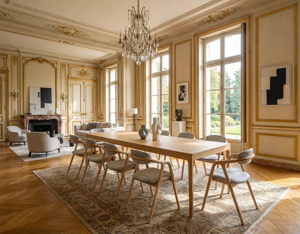 Chaise scandinave bois teinte naturelle assise tissu velours gris bleu