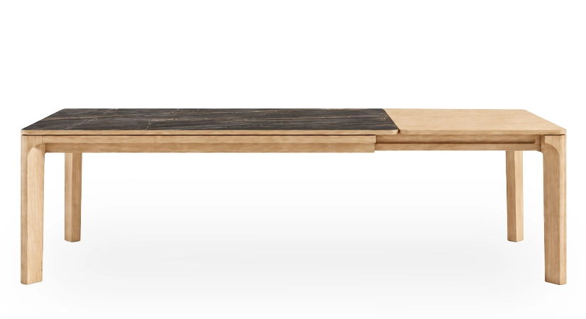 Table extensible 6 à 8 personnes en chêne et céramique allonges bois avec bois teinte naturelle et plateau céramique effet marbre noir 140x90 cm