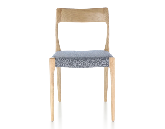 Scandinavian chair natural stained wood, blue chevron fabric seat