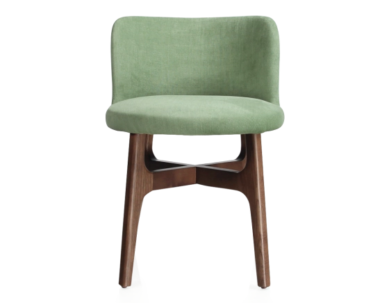 Designer chair dark brown stained wood, green fabric seat