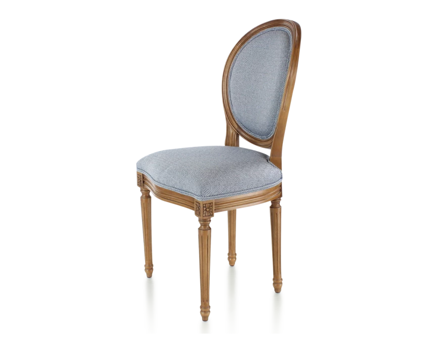 Chaise ancienne style Louis XVI bois teinte ancienne et tissu chevron bleu