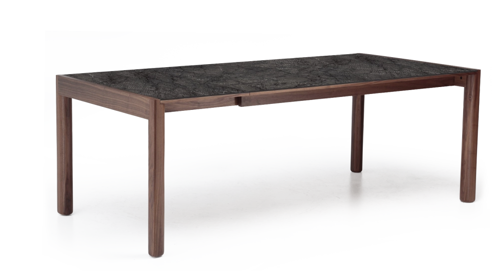 Extending table for 8 to 14 people in walnut and ceramic with ceramic extensions natural wood finish and grey marble-effect ceramic 210x100 cm Extending table for 8 to 14 people in walnut and ceramic with ceramic extensions natural wood finish and grey marble-effect ceramic 210x100 cm