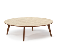 Round walnut and ceramic F1 coffee table natural wood finish with ceramic top in travertine stone effect. 100x100x40 cm