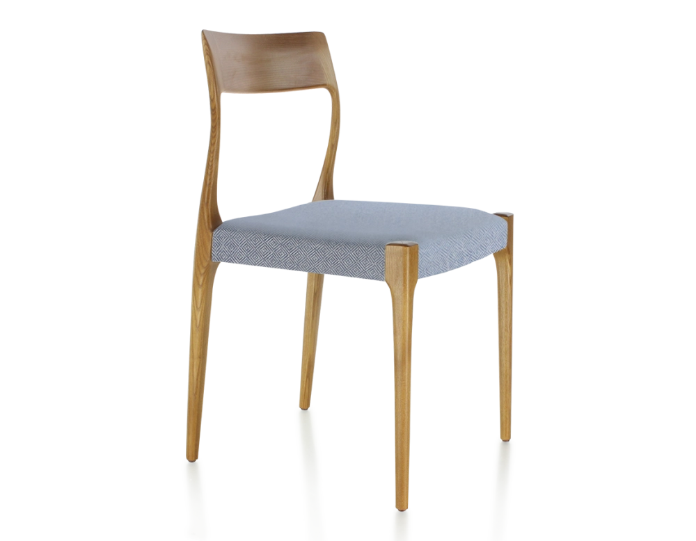 Scandinavian chair cherry-stained wood, blue chevron fabric seat Scandinavian chair cherry-stained wood, blue chevron fabric seat