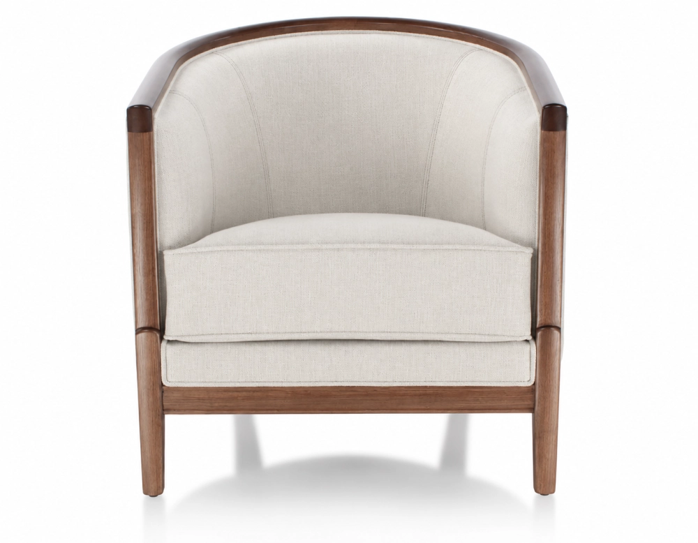 Fauteuil ancien bois teinte foncée et tissu beige clair