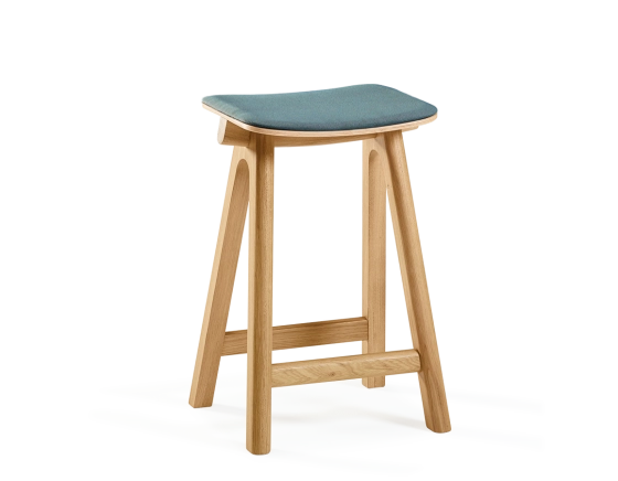 Upholstered oak bar stool H60 cm natural stained wood, ocean blue fabric seat