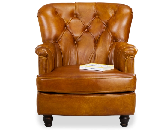 Fauteuil Chesterfield cuir cognac moyen dossier