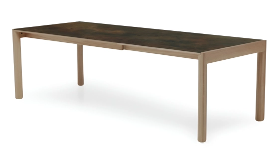 Extending table for 8 to 12 people in oak and ceramic with ceramic extensions natural wood finish and brown marble-effect ceramic 160x100 cm