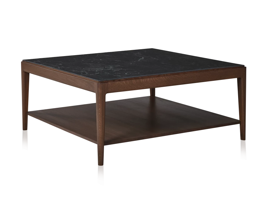 Table basse carrée en chêne et céramique avec tablette en bois teinte marron foncé plateau céramique noir unie 100x100 cm