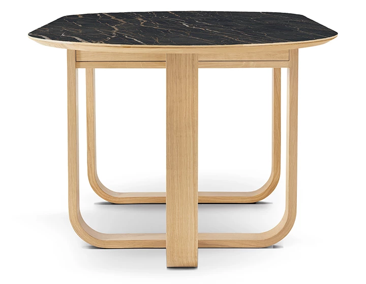 Table salle à manger en chêne et céramique avec bois teinte naturelle et plateau céramique effet marbre noir 210x100 cm