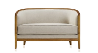 Canapé vintage 2 places bois teinte merisier et tissu beige naturel
