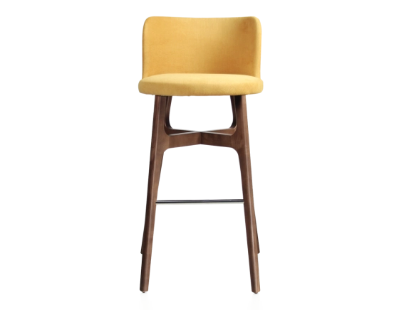 Tabouret de bar h80 cm bois teinte marron foncée assise tissu jaune