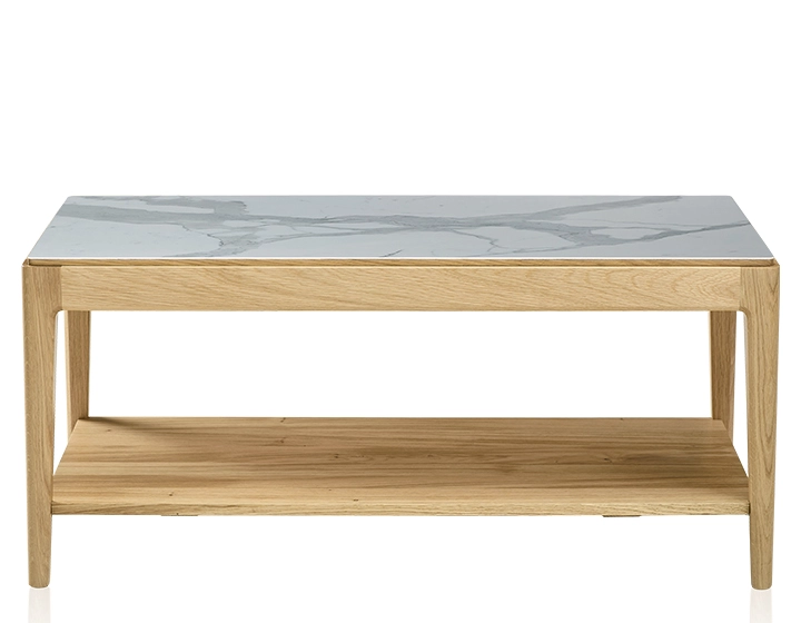 Table basse rectangulaire en chêne et céramique avec tablette en bois teinte naturelle plateau céramique effet marbre blanc 100x50 cm Table basse rectangulaire en chêne et céramique avec tablette en bois teinte naturelle plateau céramique effet marbre blanc 100x50 cm