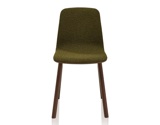 Chaise design teinte marron foncé assise tissu bouclé vert